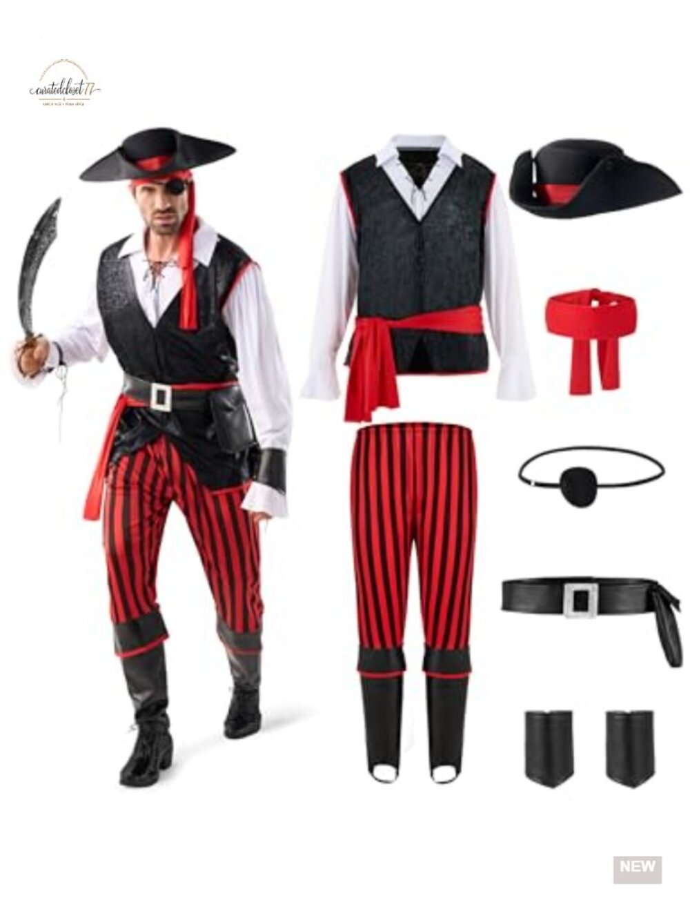 Mens Pirate Costume Tricorn Hat Lace Jabot Pants Adult Halloween